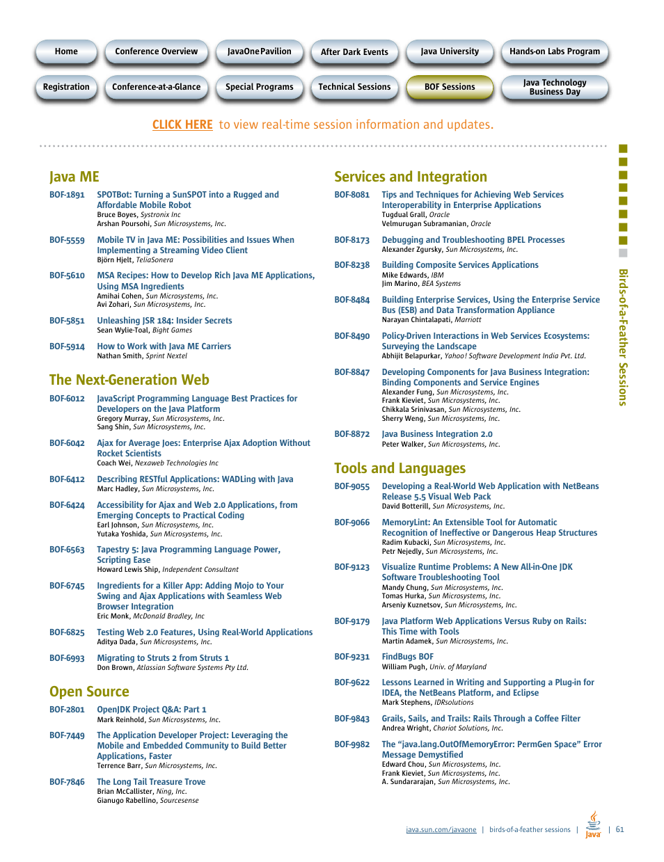 Java me, The next-generation web, Open source | Services and integration, Tools and languages, Nb ird s-o f-a -f ea th er s es sio n s | Google 2007 JavaOne Advance Conference Guide User Manual | Page 63 / 68