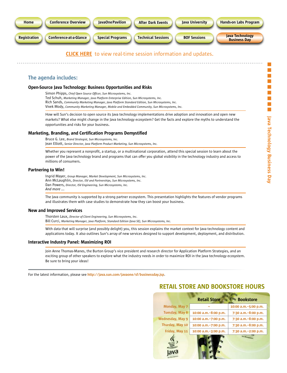 Retail store and bookstore hours, The agenda includes | Google 2007 JavaOne Advance Conference Guide User Manual | Page 65 / 68