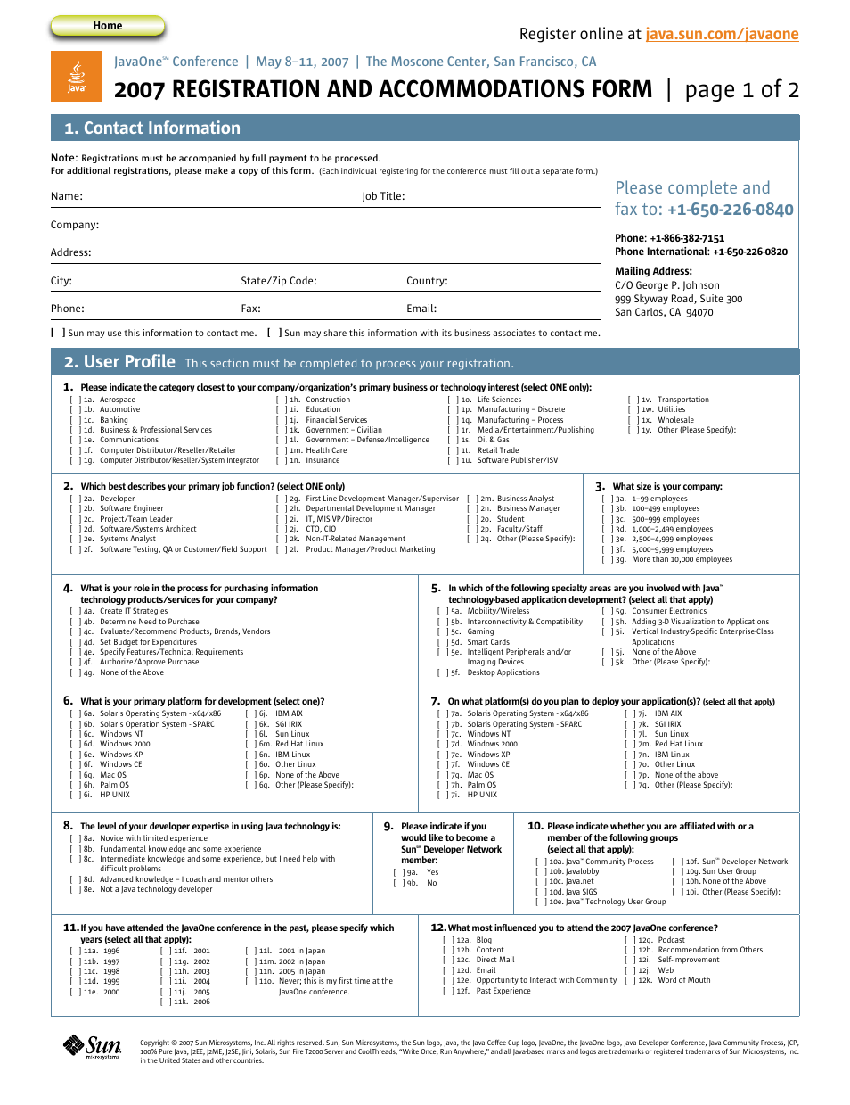 Registration and accommodations form, Registration, Contact information | User profile, Javaone | Google 2007 JavaOne Advance Conference Guide User Manual | Page 66 / 68