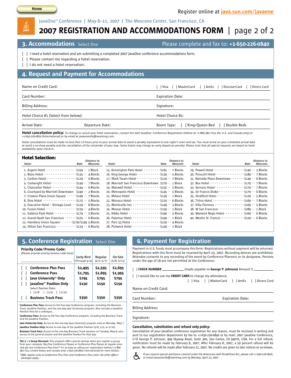 Accommodations, Request and payment for accommodations, Payment for registration | Conference registration, Hotel selection, Javaone | Google 2007 JavaOne Advance Conference Guide User Manual | Page 67 / 68