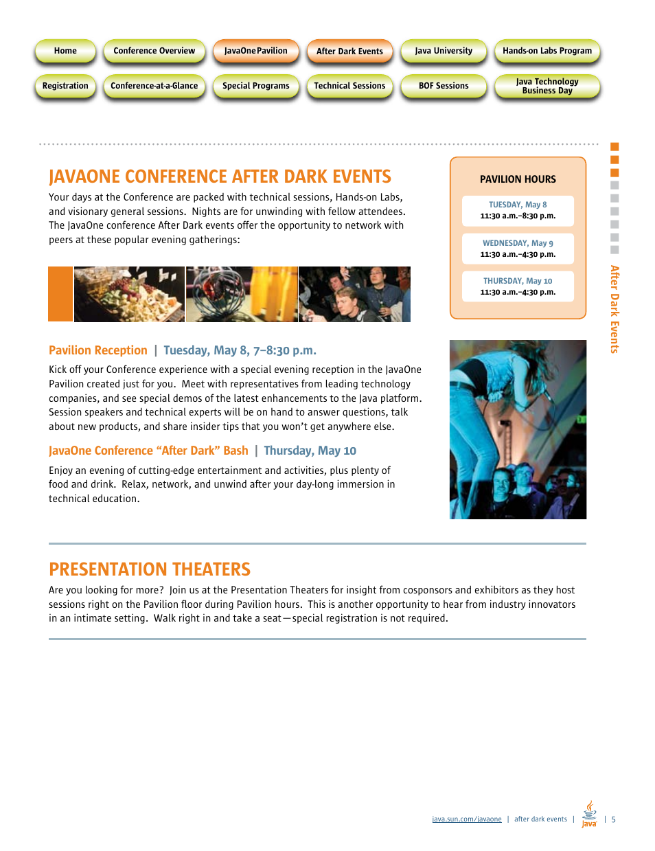 After dark events, Presentation theaters, Javaone conference after dark events | Google 2007 JavaOne Advance Conference Guide User Manual | Page 7 / 68