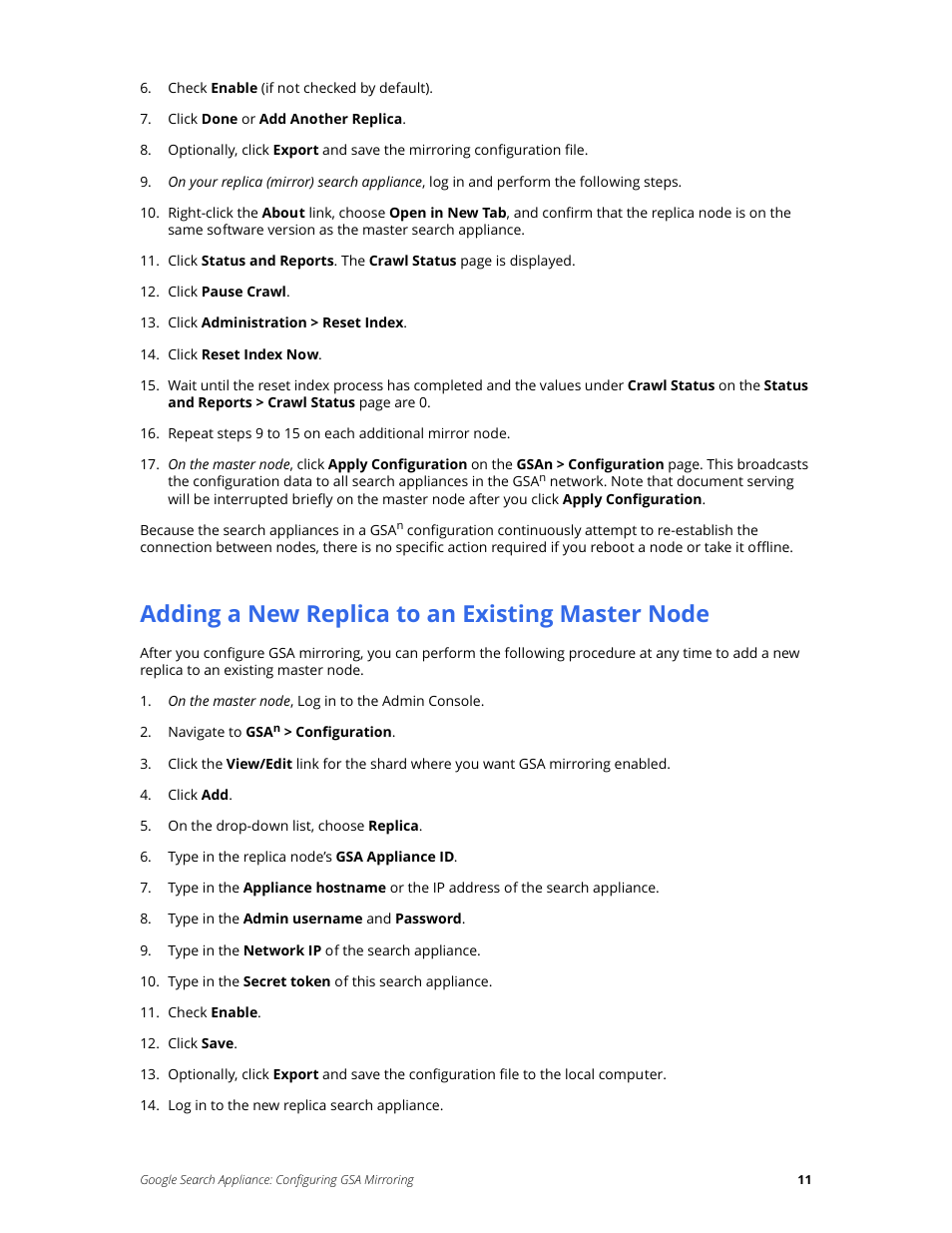 Adding a new replica to an existing master node | Google Search Appliance Configuring GSA Mirroring version 7.0 User Manual | Page 11 / 17