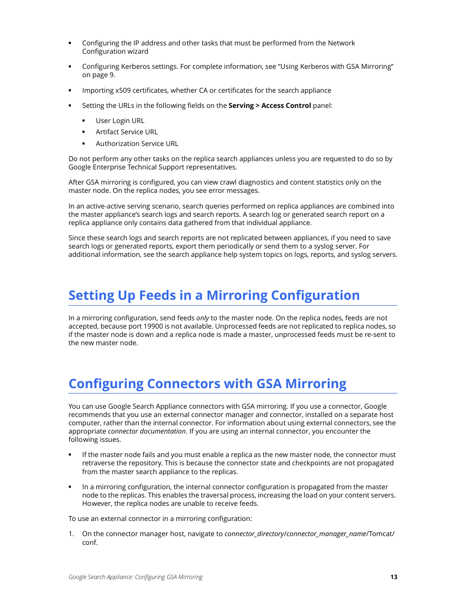 Setting up feeds in a mirroring configuration, Configuring connectors with gsa mirroring | Google Search Appliance Configuring GSA Mirroring version 7.0 User Manual | Page 13 / 17