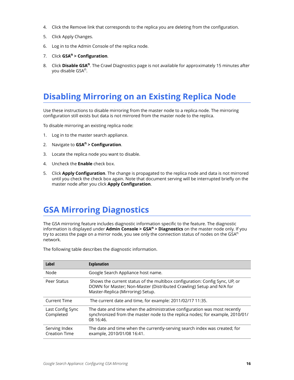 Disabling mirroring on an existing replica node, Gsa mirroring diagnostics | Google Search Appliance Configuring GSA Mirroring version 7.0 User Manual | Page 16 / 17