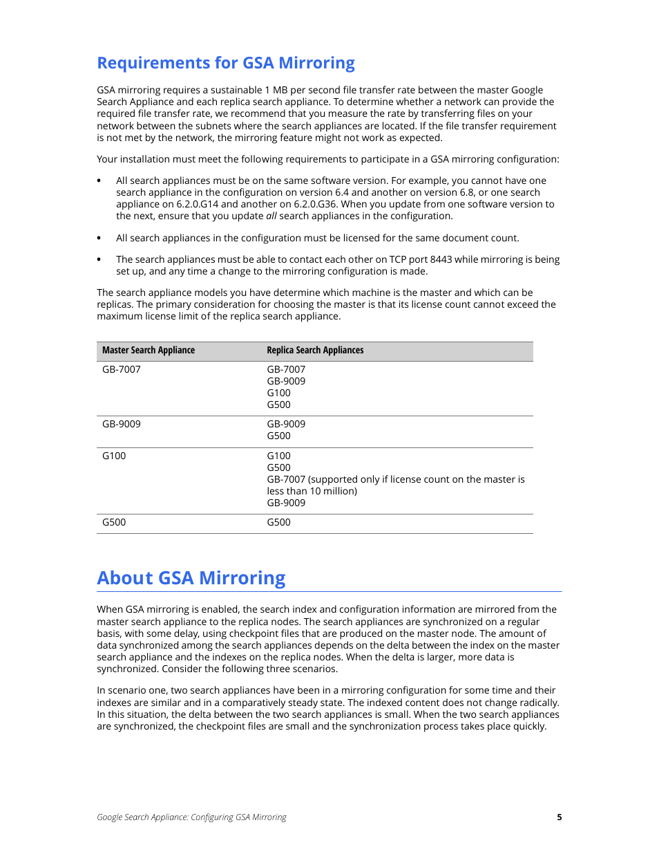 Requirements for gsa mirroring, About gsa mirroring | Google Search Appliance Configuring GSA Mirroring version 7.0 User Manual | Page 5 / 17