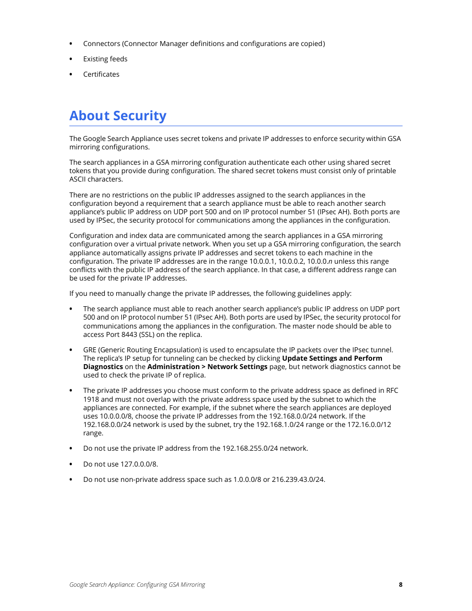 About security | Google Search Appliance Configuring GSA Mirroring version 7.0 User Manual | Page 8 / 17