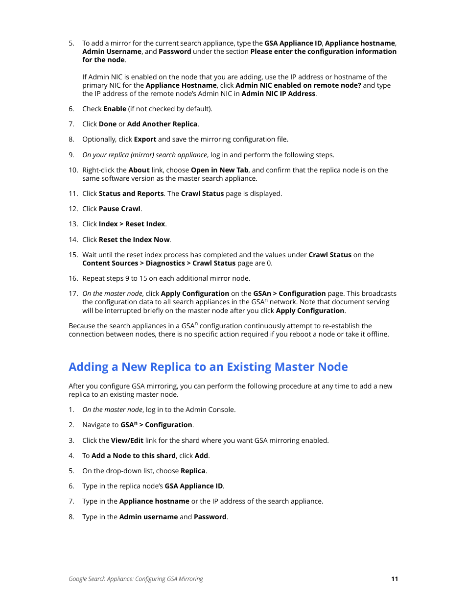 Adding a new replica to an existing master node | Google Search Appliance Configuring GSA Mirroring version 7.2 User Manual | Page 11 / 17