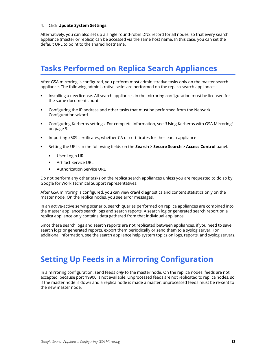 Tasks performed on replica search appliances, Setting up feeds in a mirroring configuration | Google Search Appliance Configuring GSA Mirroring version 7.2 User Manual | Page 13 / 17