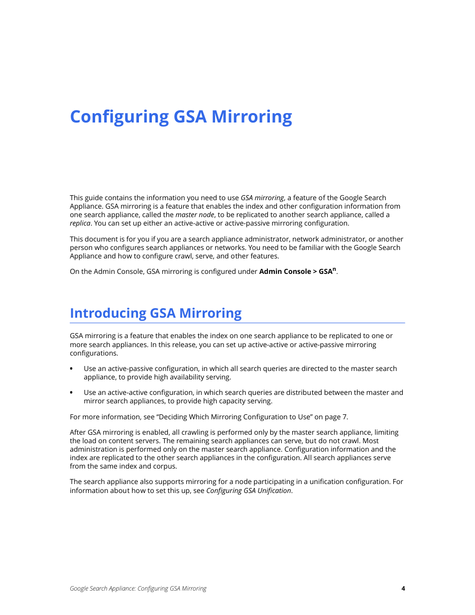 Configuring gsa mirroring, Introducing gsa mirroring | Google Search Appliance Configuring GSA Mirroring version 7.2 User Manual | Page 4 / 17