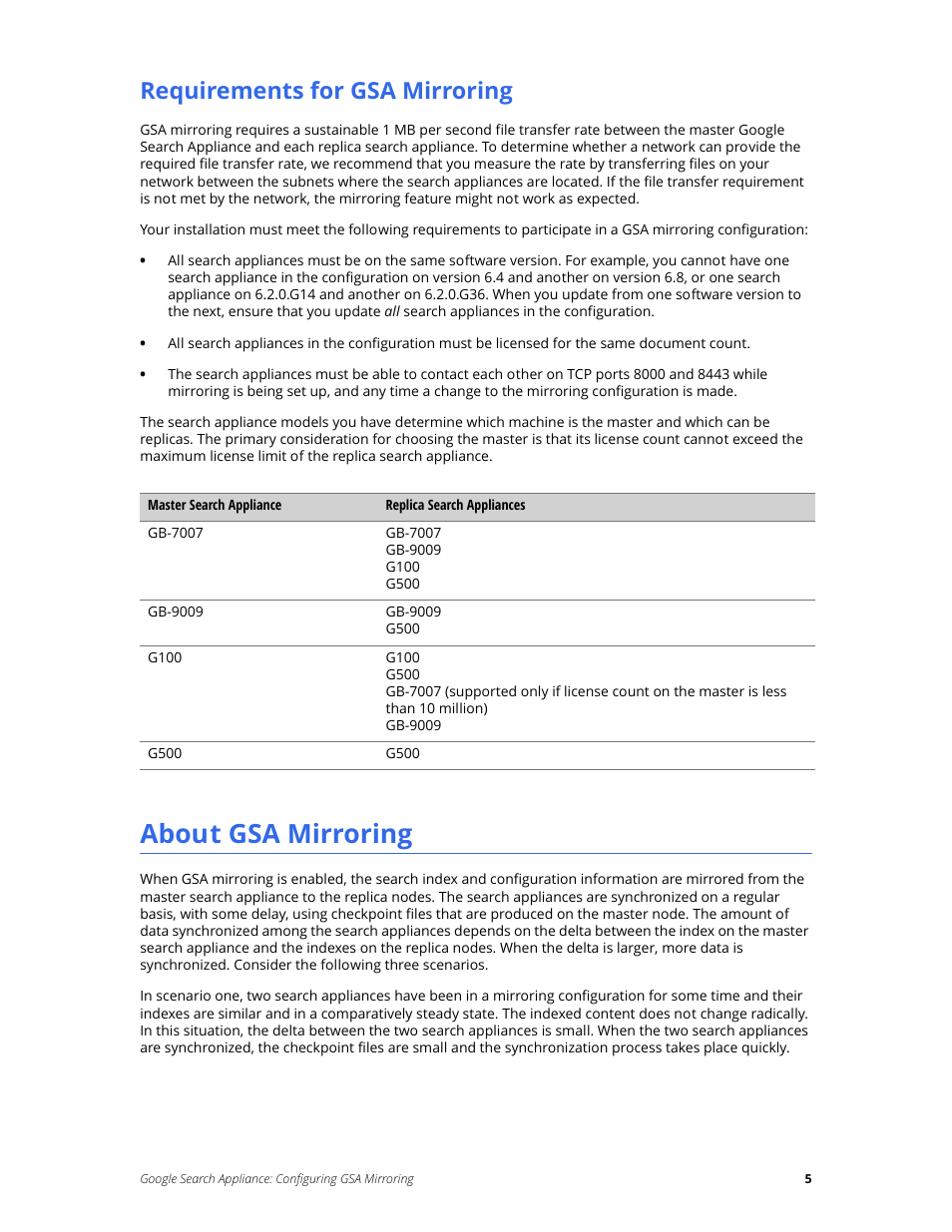 Requirements for gsa mirroring, About gsa mirroring | Google Search Appliance Configuring GSA Mirroring version 7.2 User Manual | Page 5 / 17