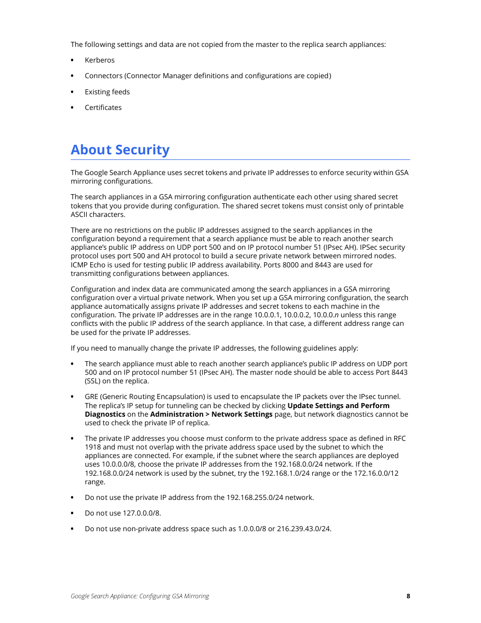 About security | Google Search Appliance Configuring GSA Mirroring version 7.2 User Manual | Page 8 / 17