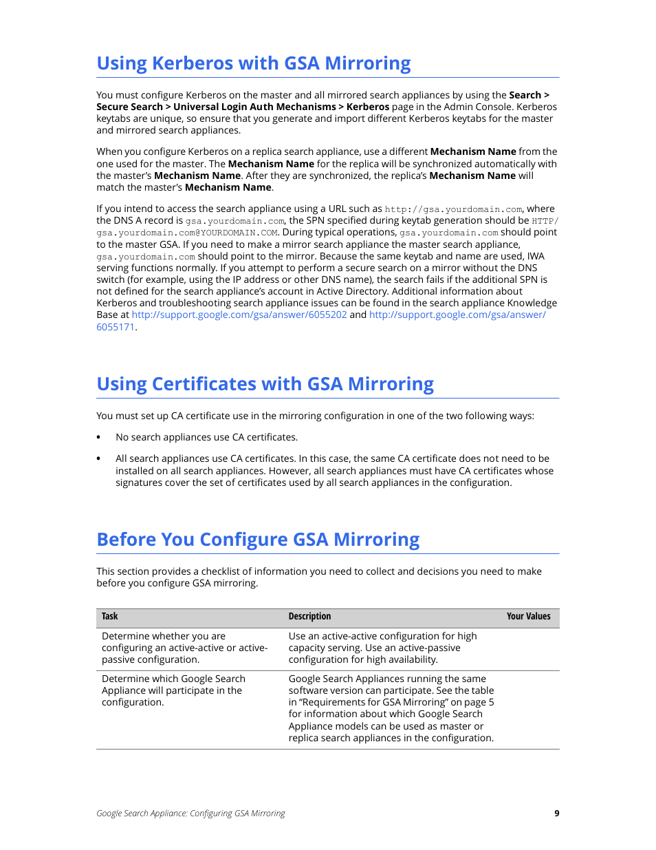 Using kerberos with gsa mirroring, Using certificates with gsa mirroring, Before you configure gsa mirroring | Google Search Appliance Configuring GSA Mirroring version 7.2 User Manual | Page 9 / 17