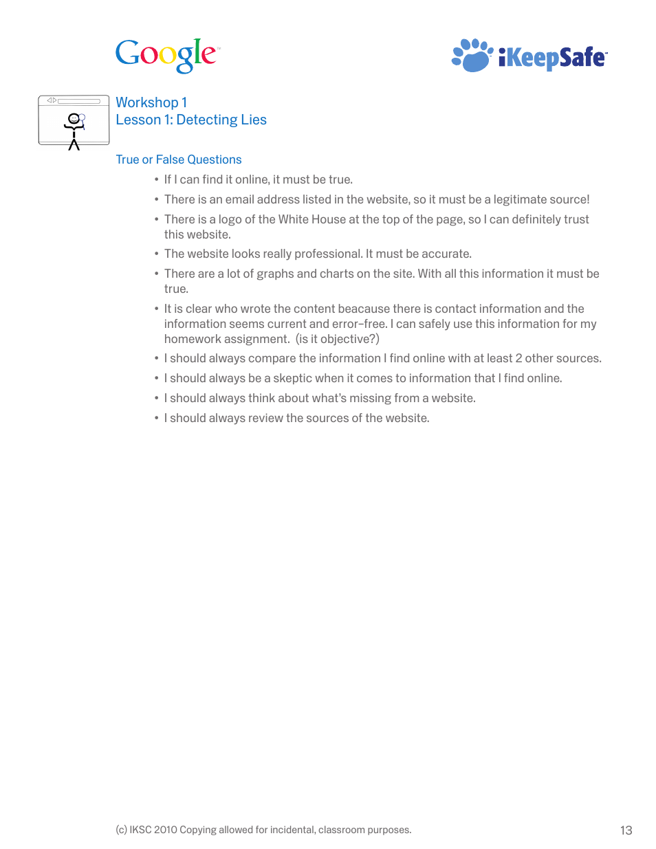 Google Internet Keep Safe Workshop 1: Detecting Lies and Staying True Instructor Handbook User Manual | Page 17 / 36