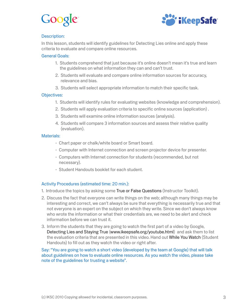 Google Internet Keep Safe Workshop 1: Detecting Lies and Staying True Instructor Handbook User Manual | Page 7 / 36