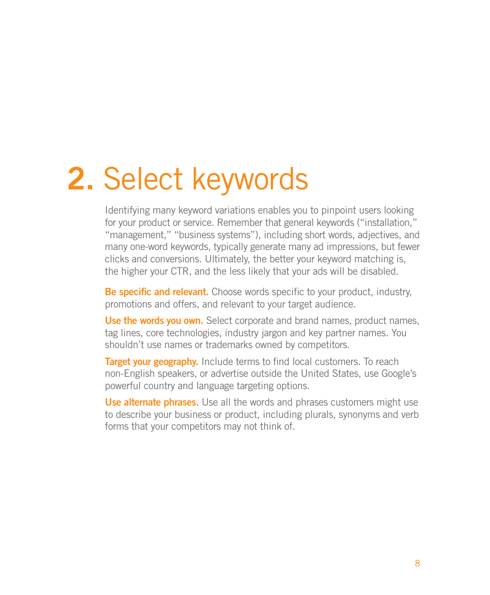 Select keywords | Google Moving to Google AdWords A Hands-On Guide for Premium Advertisers User Manual | Page 10 / 24