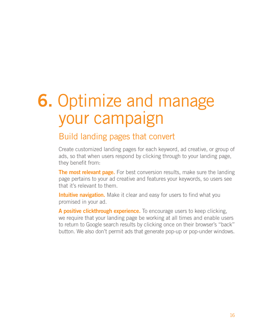 Optimize and manage your campaign, Build landing pages that convert | Google Moving to Google AdWords A Hands-On Guide for Premium Advertisers User Manual | Page 18 / 24