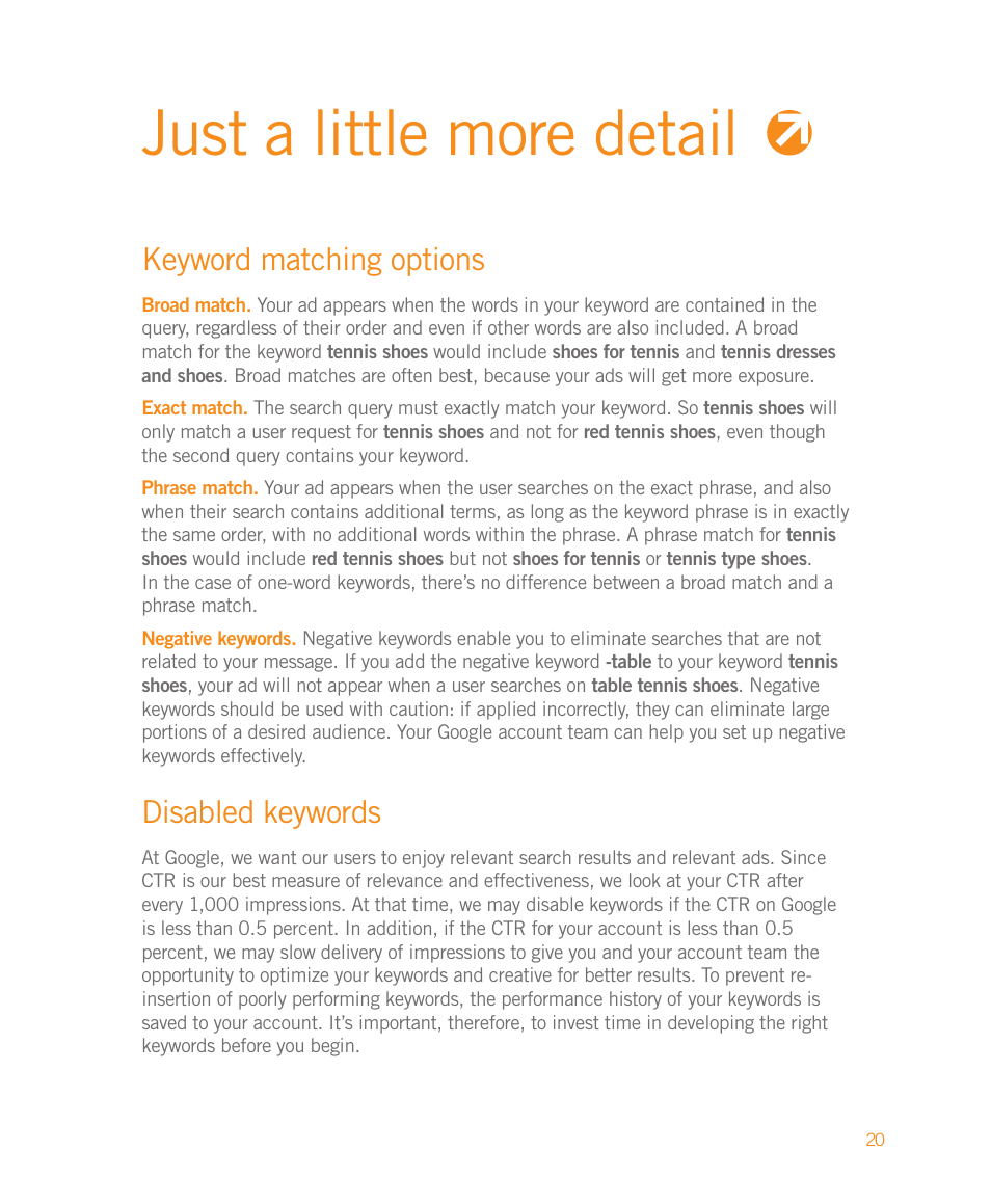 Just a little more detail, Keyword matching options, Disabled keywords | Google Moving to Google AdWords A Hands-On Guide for Premium Advertisers User Manual | Page 22 / 24