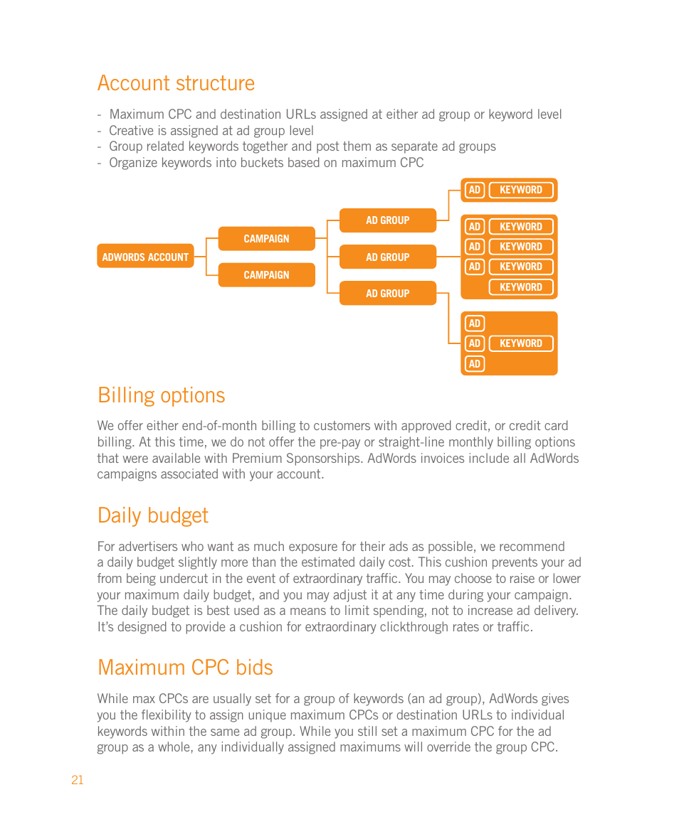 Account structure, Billing options, Daily budget | Maximum cpc bids | Google Moving to Google AdWords A Hands-On Guide for Premium Advertisers User Manual | Page 23 / 24