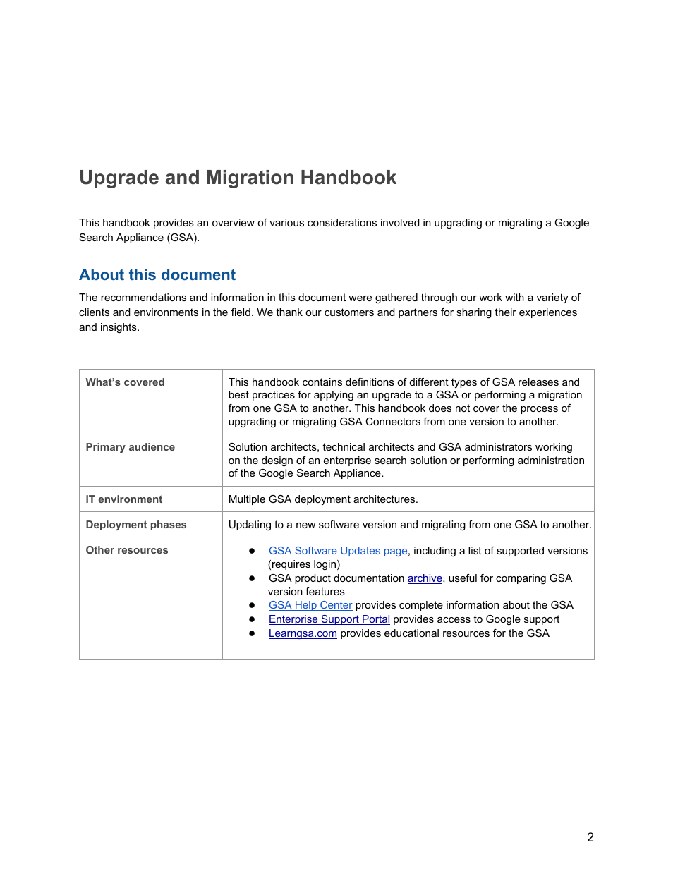 Upgrade and migration handbook, About this document | Google Search Appliance Upgrade and Migration Handbook User Manual | Page 2 / 22