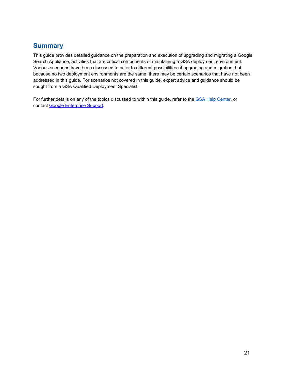 Summary | Google Search Appliance Upgrade and Migration Handbook User Manual | Page 21 / 22