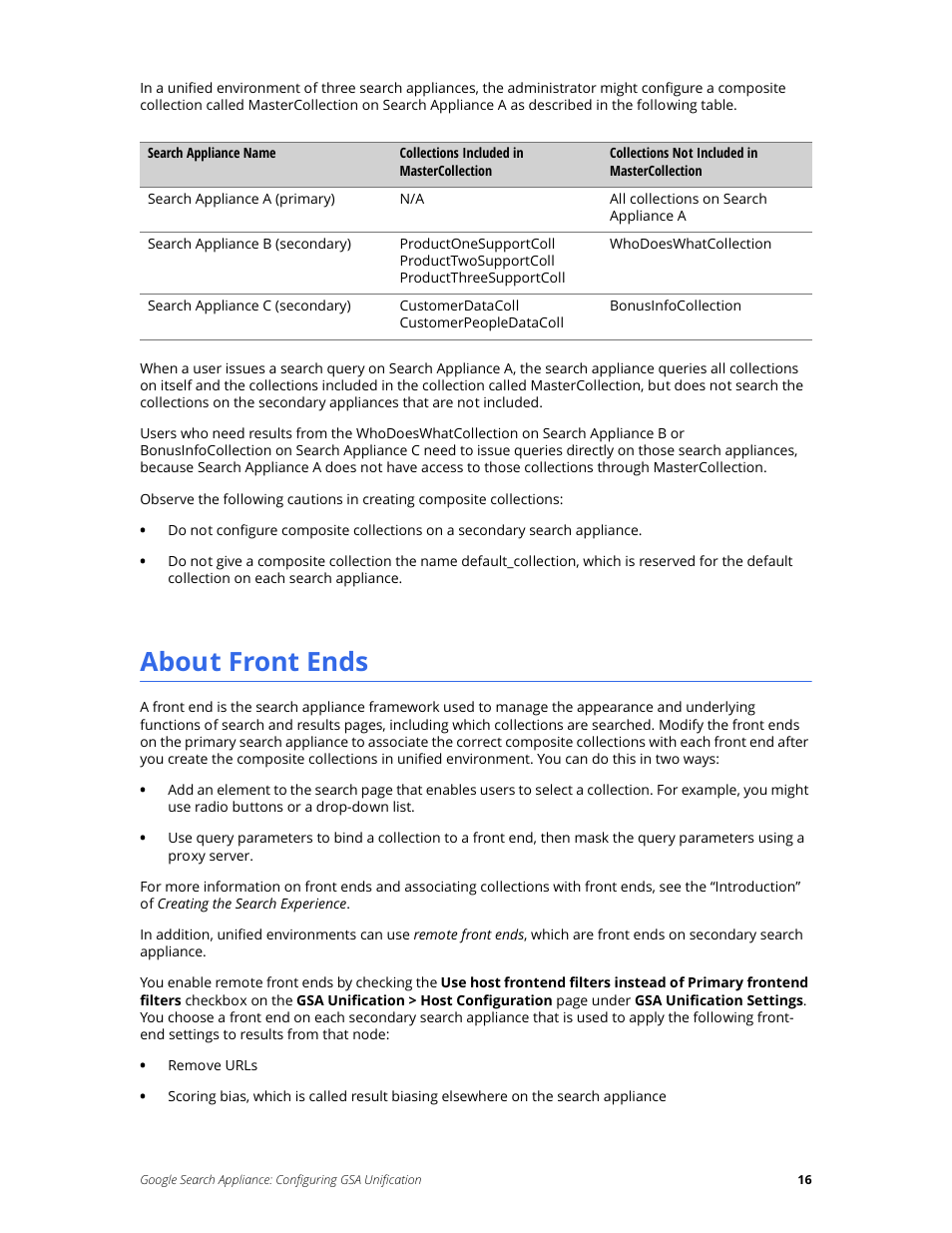 About front ends | Google Search Appliance Configuring GSA Unification User Manual | Page 16 / 23