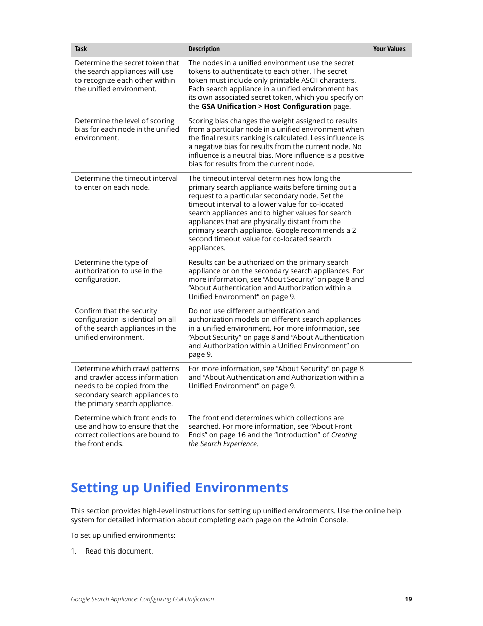 Setting up unified environments | Google Search Appliance Configuring GSA Unification User Manual | Page 19 / 23