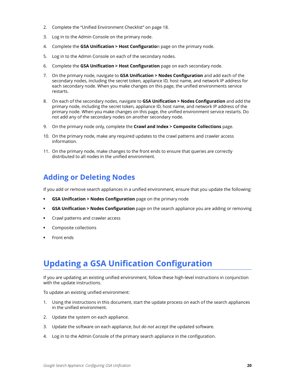 Adding or deleting nodes, Updating a gsa unification configuration | Google Search Appliance Configuring GSA Unification User Manual | Page 20 / 23