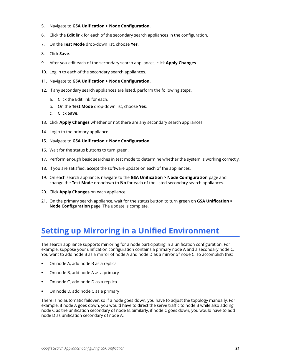 Setting up mirroring in a unified environment | Google Search Appliance Configuring GSA Unification User Manual | Page 21 / 23