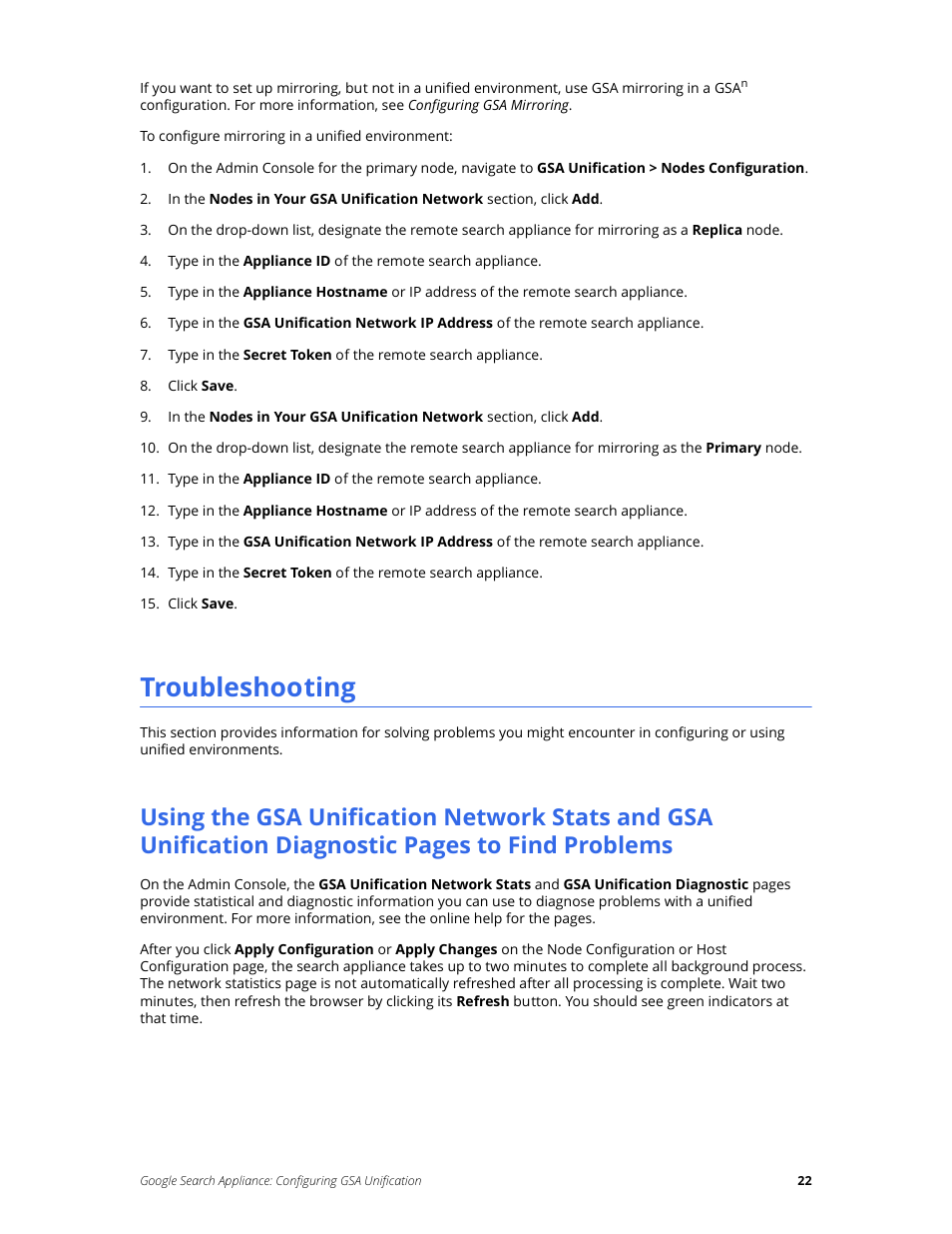 Troubleshooting | Google Search Appliance Configuring GSA Unification User Manual | Page 22 / 23