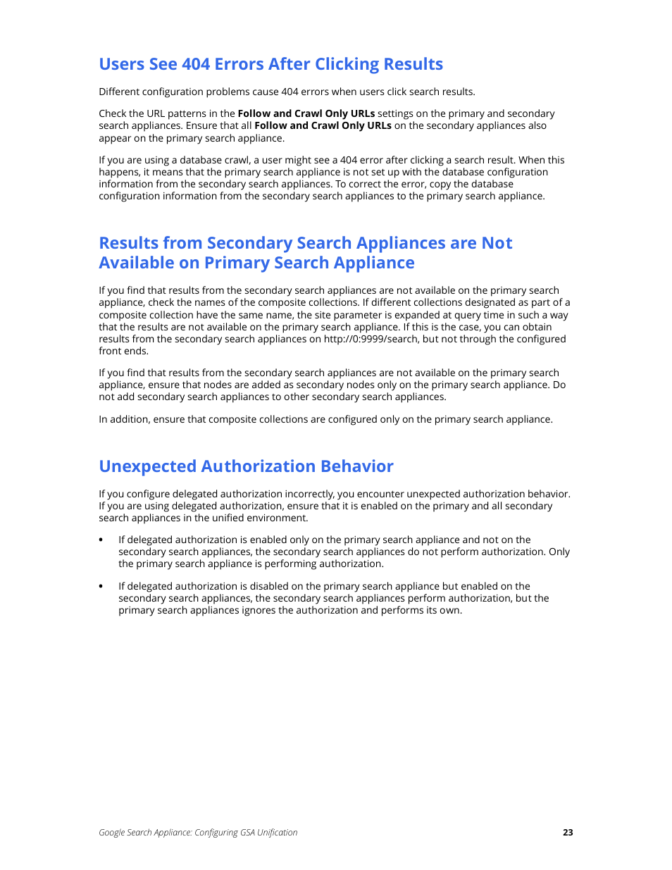 Users see 404 errors after clicking results, Unexpected authorization behavior, Primary search appliance | Google Search Appliance Configuring GSA Unification User Manual | Page 23 / 23