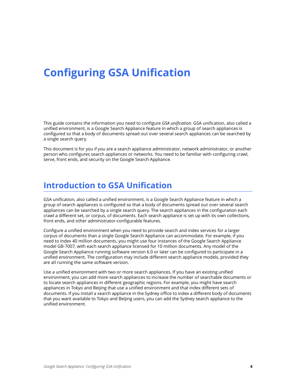 Configuring gsa unification, Introduction to gsa unification | Google Search Appliance Configuring GSA Unification User Manual | Page 4 / 23