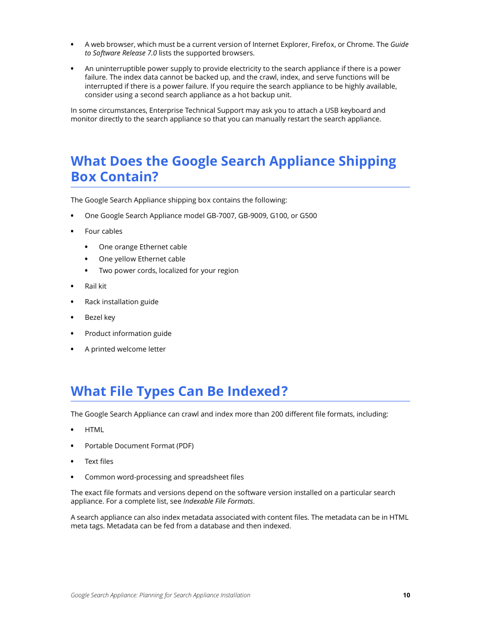 What file types can be indexed | Google Search Appliance Planning for Search Appliance Installation User Manual | Page 10 / 23