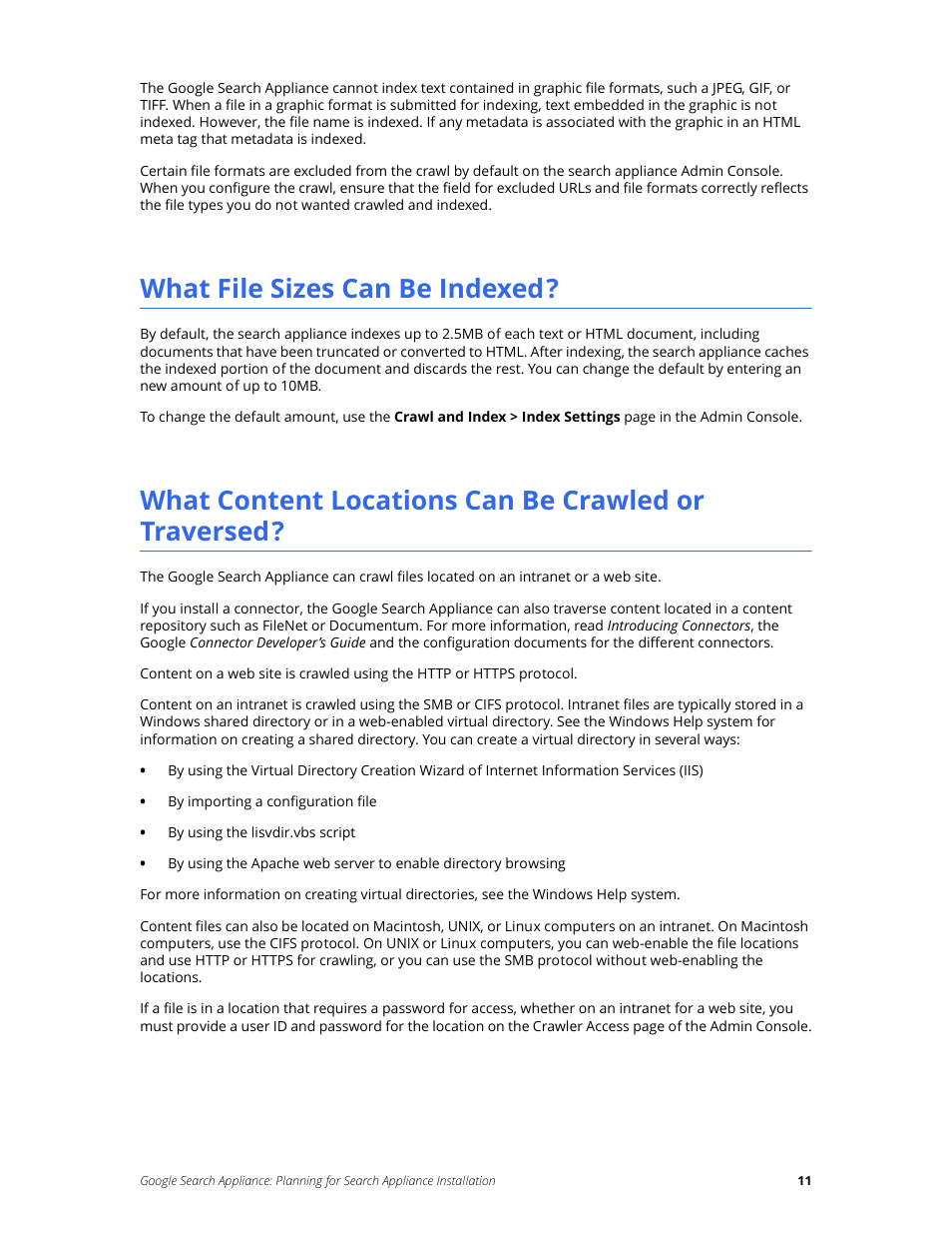 What file sizes can be indexed, What content locations can be crawled or traversed | Google Search Appliance Planning for Search Appliance Installation User Manual | Page 11 / 23