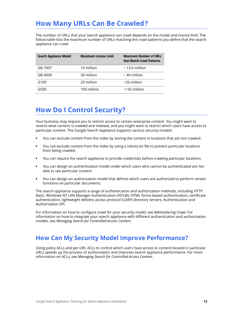 How many urls can be crawled, How do i control security, How can my security model improve performance | Google Search Appliance Planning for Search Appliance Installation User Manual | Page 12 / 23