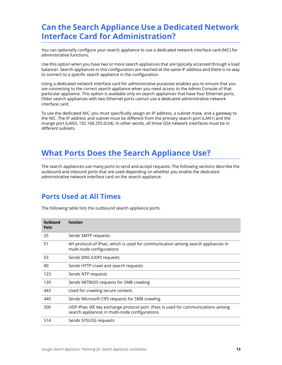 What ports does the search appliance use, Ports used at all times | Google Search Appliance Planning for Search Appliance Installation User Manual | Page 13 / 23