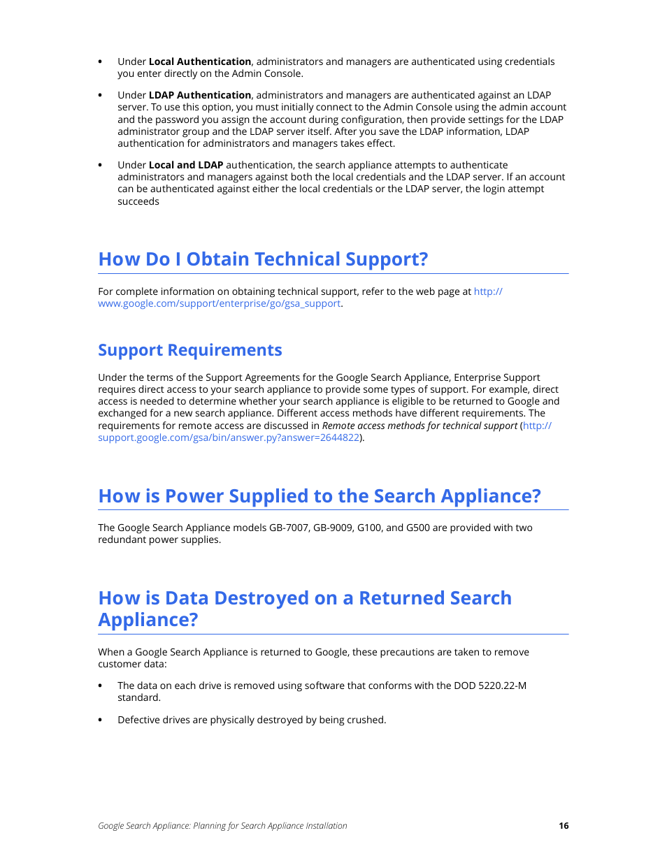 How do i obtain technical support, Support requirements, How is power supplied to the search appliance | Google Search Appliance Planning for Search Appliance Installation User Manual | Page 16 / 23