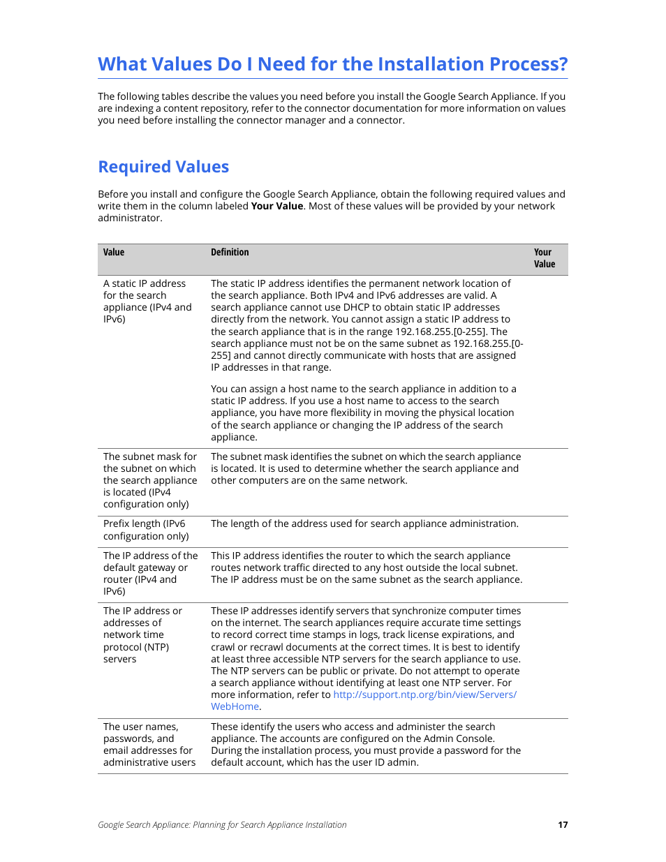 What values do i need for the installation process, Required values | Google Search Appliance Planning for Search Appliance Installation User Manual | Page 17 / 23