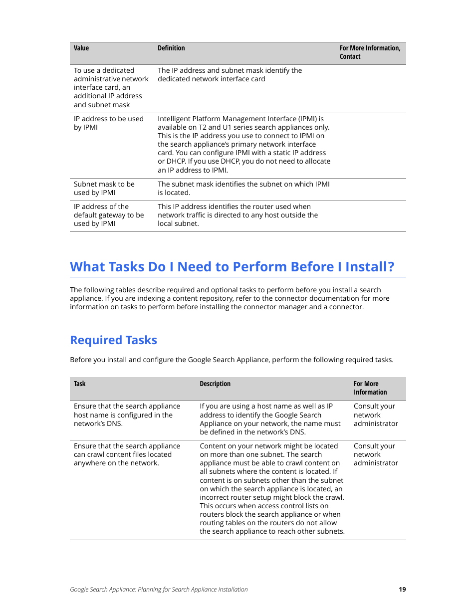 What tasks do i need to perform before i install, Required tasks | Google Search Appliance Planning for Search Appliance Installation User Manual | Page 19 / 23