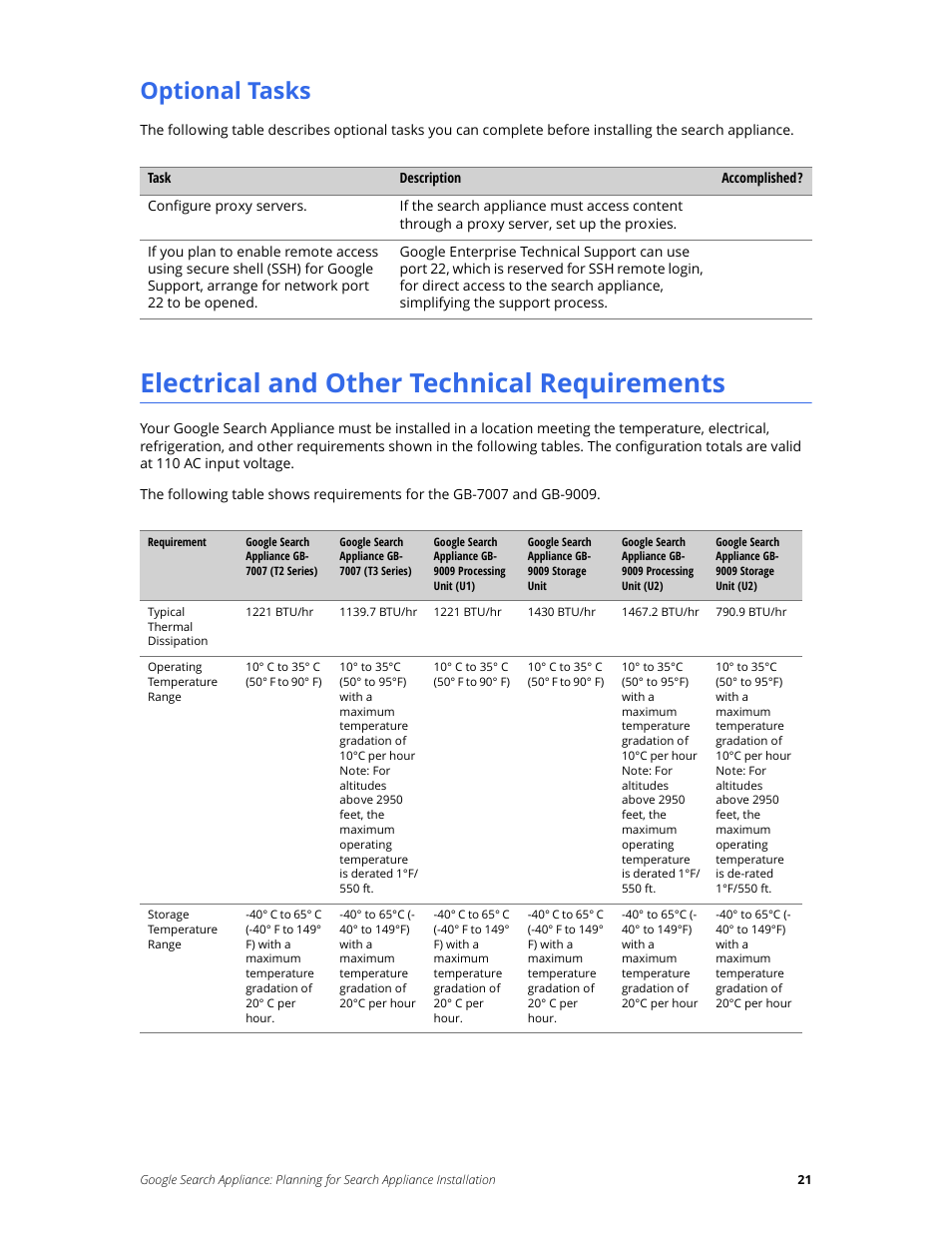 Optional tasks, Electrical and other technical requirements | Google Search Appliance Planning for Search Appliance Installation User Manual | Page 21 / 23