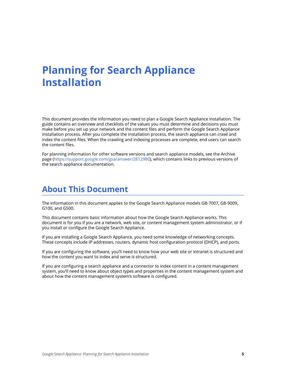 Planning for search appliance installation, About this document | Google Search Appliance Planning for Search Appliance Installation User Manual | Page 5 / 23