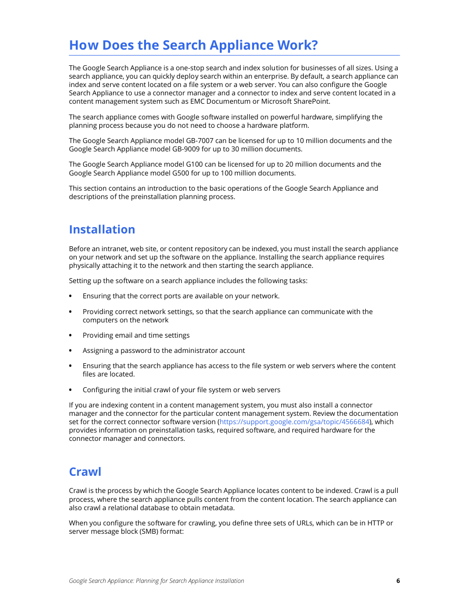 How does the search appliance work, Installation, Crawl | Google Search Appliance Planning for Search Appliance Installation User Manual | Page 6 / 23