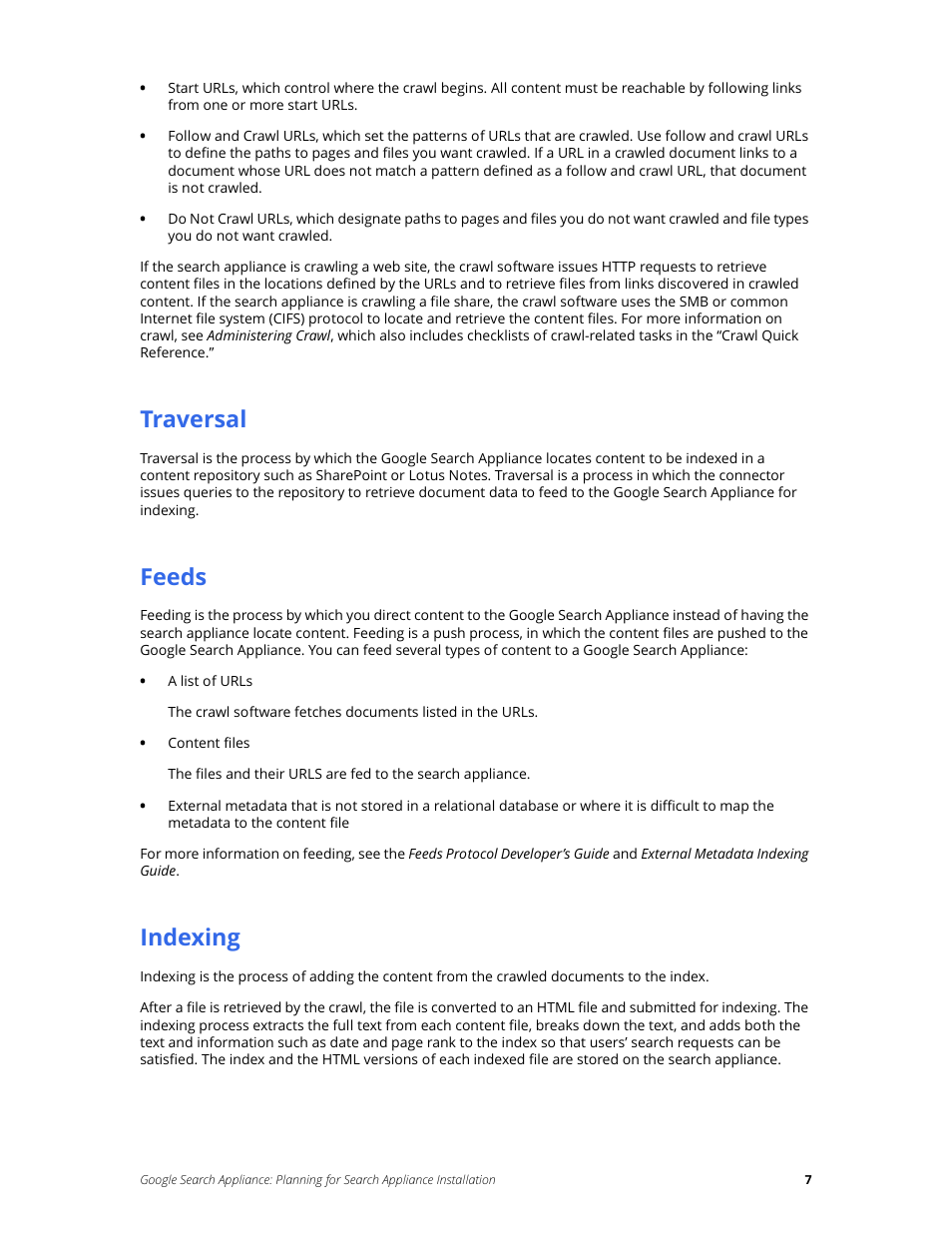 Traversal, Feeds, Indexing | Google Search Appliance Planning for Search Appliance Installation User Manual | Page 7 / 23