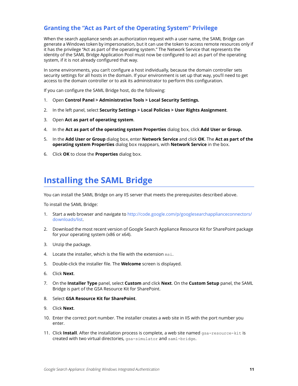 Installing the saml bridge | Google Search Appliance Enabling Windows Integrated Authentication version 6.8 User Manual | Page 11 / 25