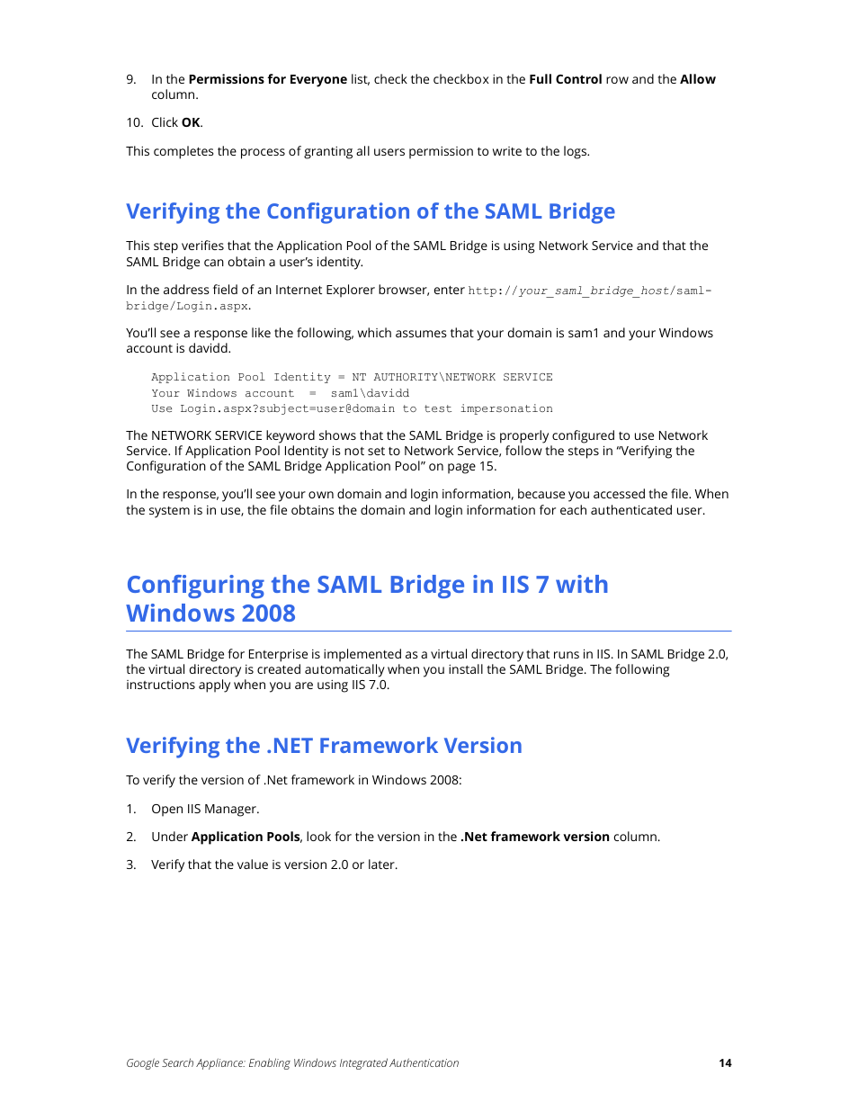 Verifying the configuration of the saml bridge, Verifying the .net framework version | Google Search Appliance Enabling Windows Integrated Authentication version 6.8 User Manual | Page 14 / 25