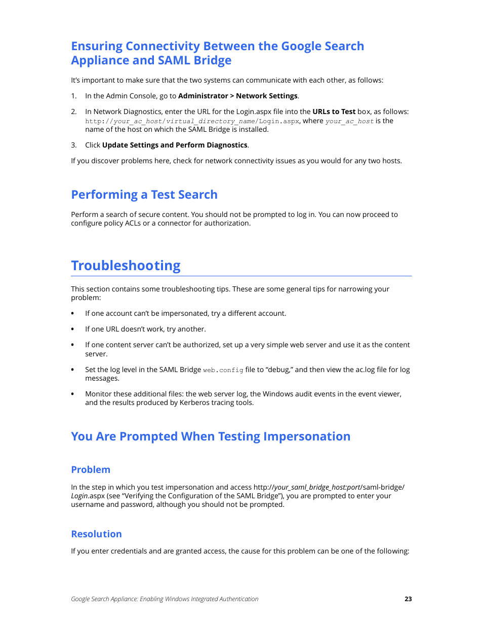 Performing a test search, Troubleshooting, You are prompted when testing impersonation | Problem, Resolution | Google Search Appliance Enabling Windows Integrated Authentication version 6.8 User Manual | Page 23 / 25