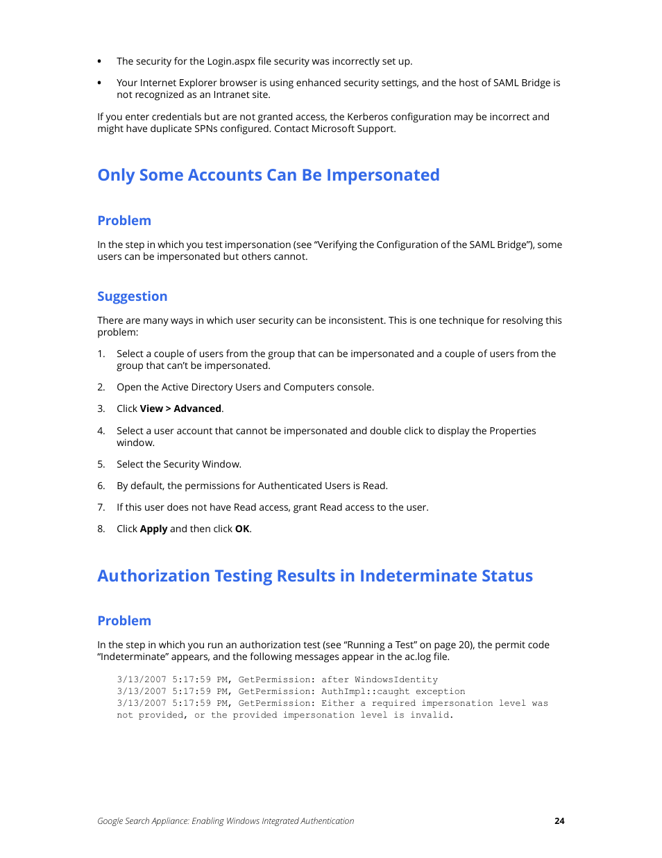 Only some accounts can be impersonated, Problem, Suggestion | Google Search Appliance Enabling Windows Integrated Authentication version 6.8 User Manual | Page 24 / 25
