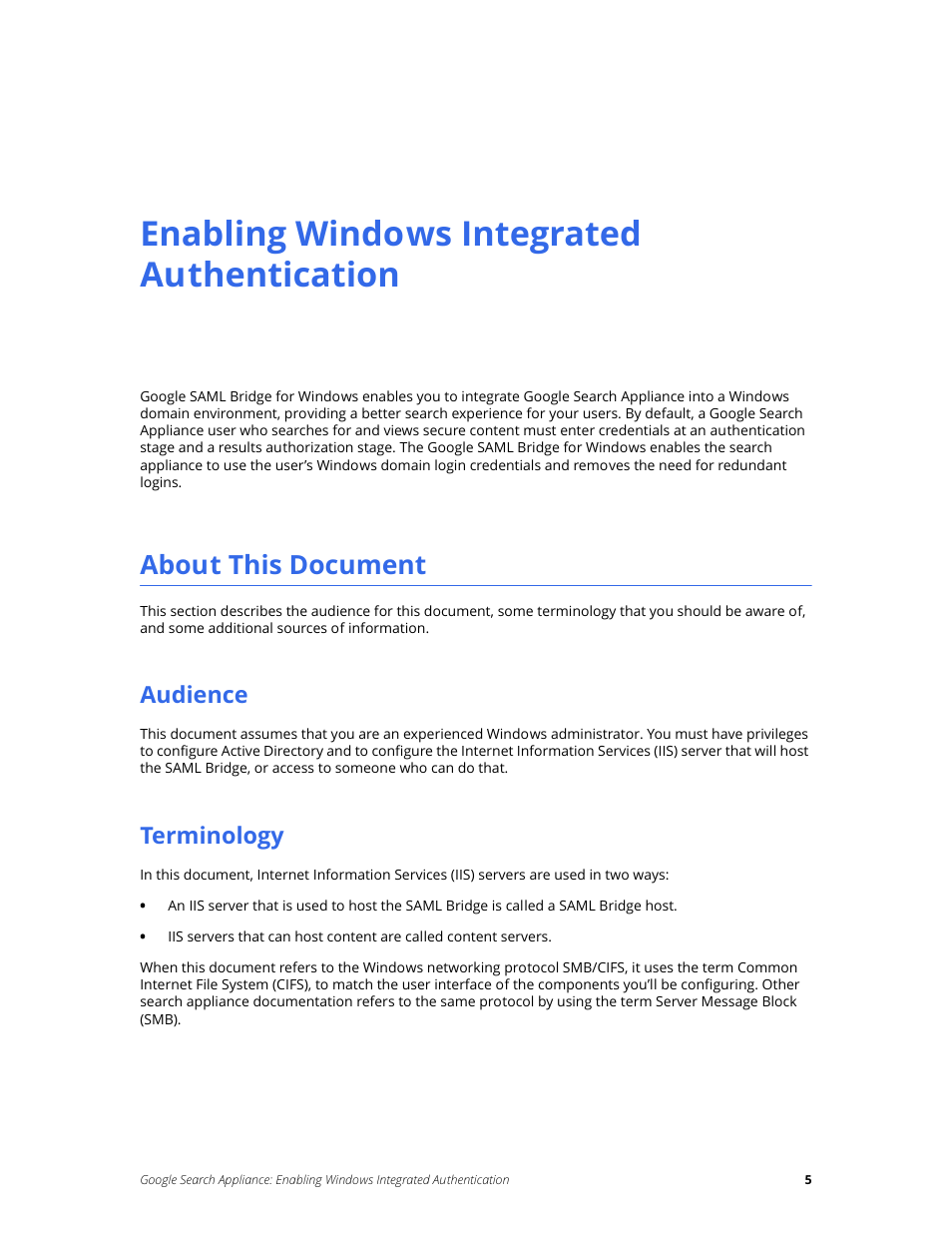 Enabling windows integrated authentication, About this document, Audience | Terminology | Google Search Appliance Enabling Windows Integrated Authentication version 6.8 User Manual | Page 5 / 25