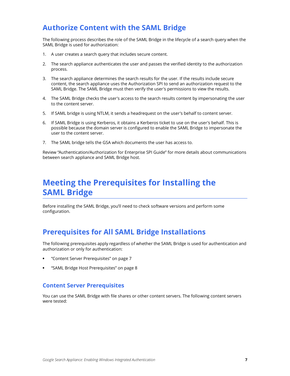 Authorize content with the saml bridge, Prerequisites for all saml bridge installations, Content server prerequisites | Google Search Appliance Enabling Windows Integrated Authentication version 6.8 User Manual | Page 7 / 25