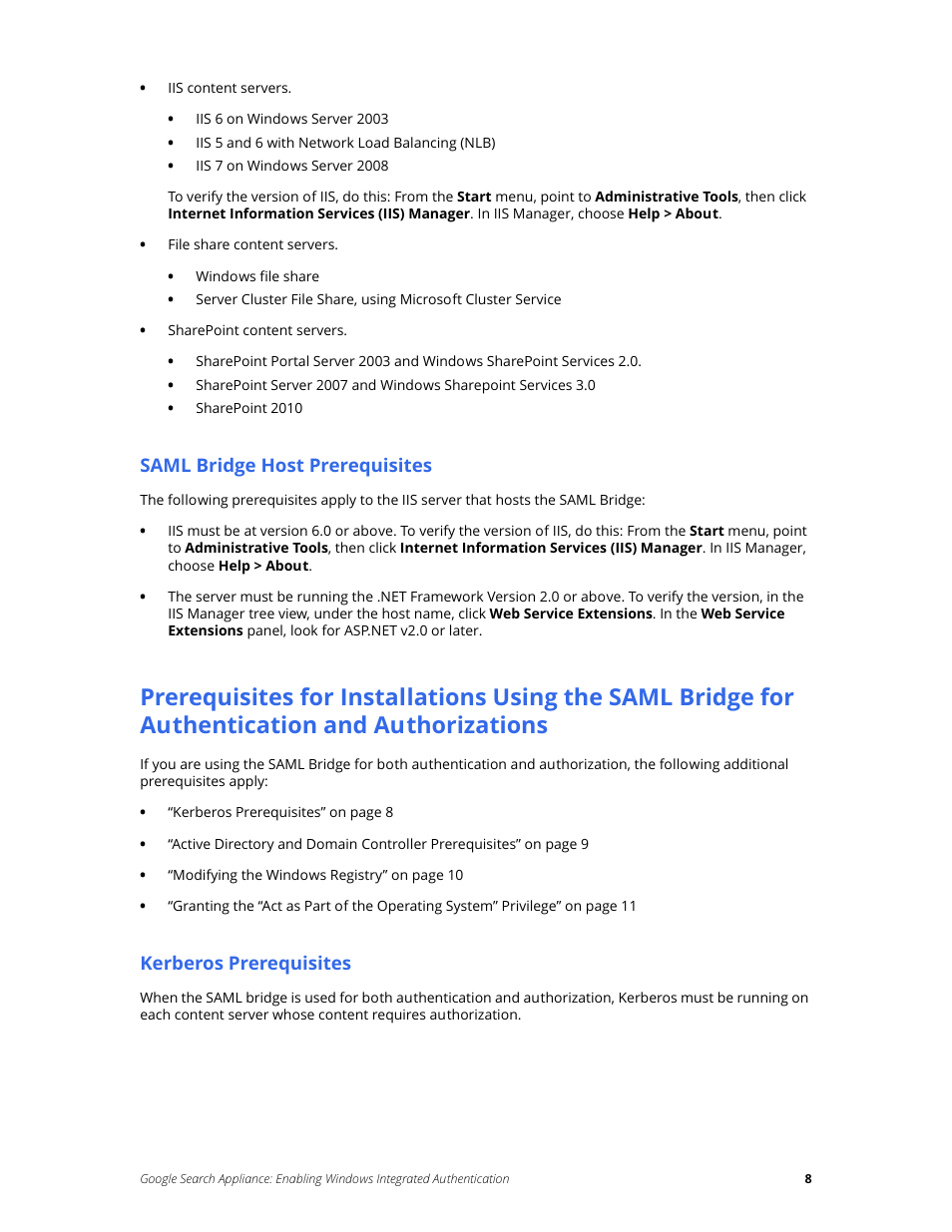 Saml bridge host prerequisites, Kerberos prerequisites, Authorizations | Google Search Appliance Enabling Windows Integrated Authentication version 6.8 User Manual | Page 8 / 25
