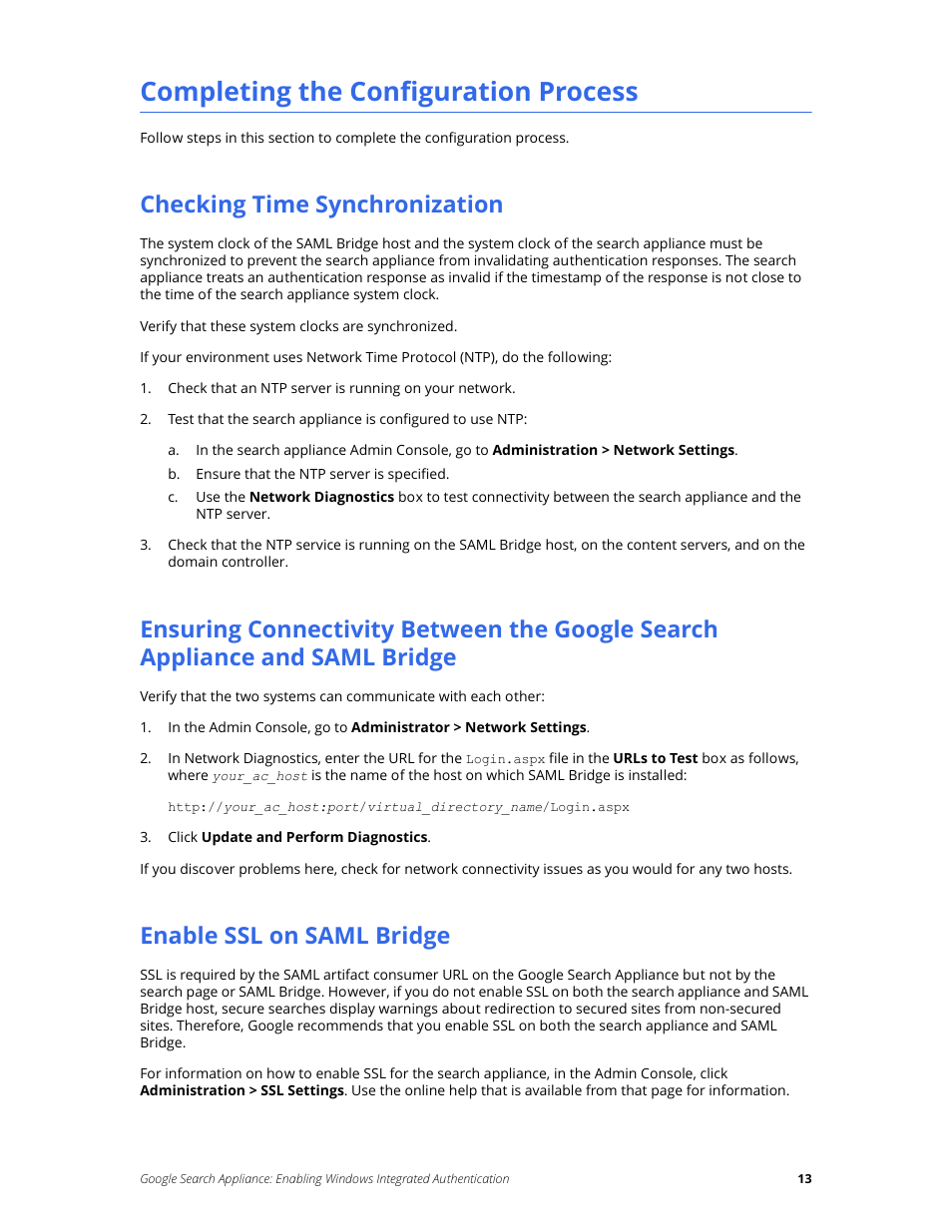 Completing the configuration process, Checking time synchronization, Enable ssl on saml bridge | Google Search Appliance Enabling Windows Integrated Authentication version 7.2 User Manual | Page 13 / 20